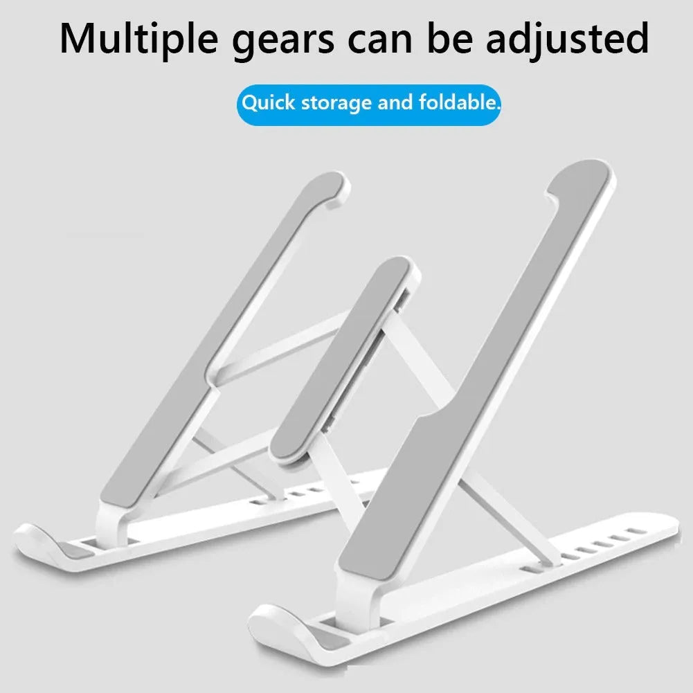 Black adjustable laptop stand with six gear settings, folded for portability, on a desk
