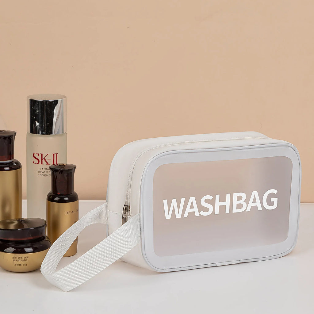 Large PVC transparent cosmetic bag set three pieces in beige, black, blue, pink, and white