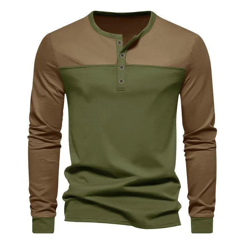 Men's long-sleeve henley collar casual shirt in polyester beaded twill fabric