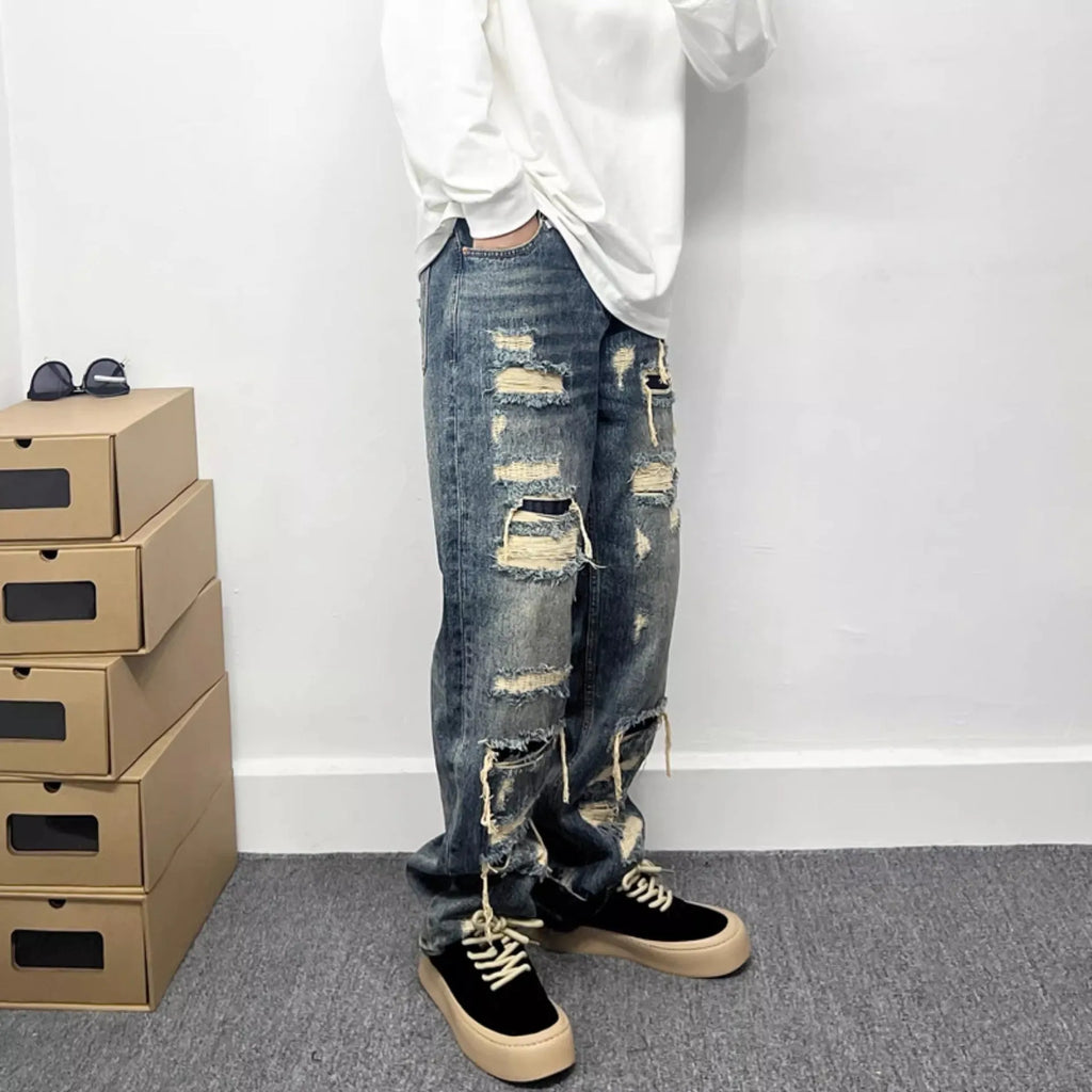 Light blue ripped patch denim jeans for teenagers mid waist zip fly cotton