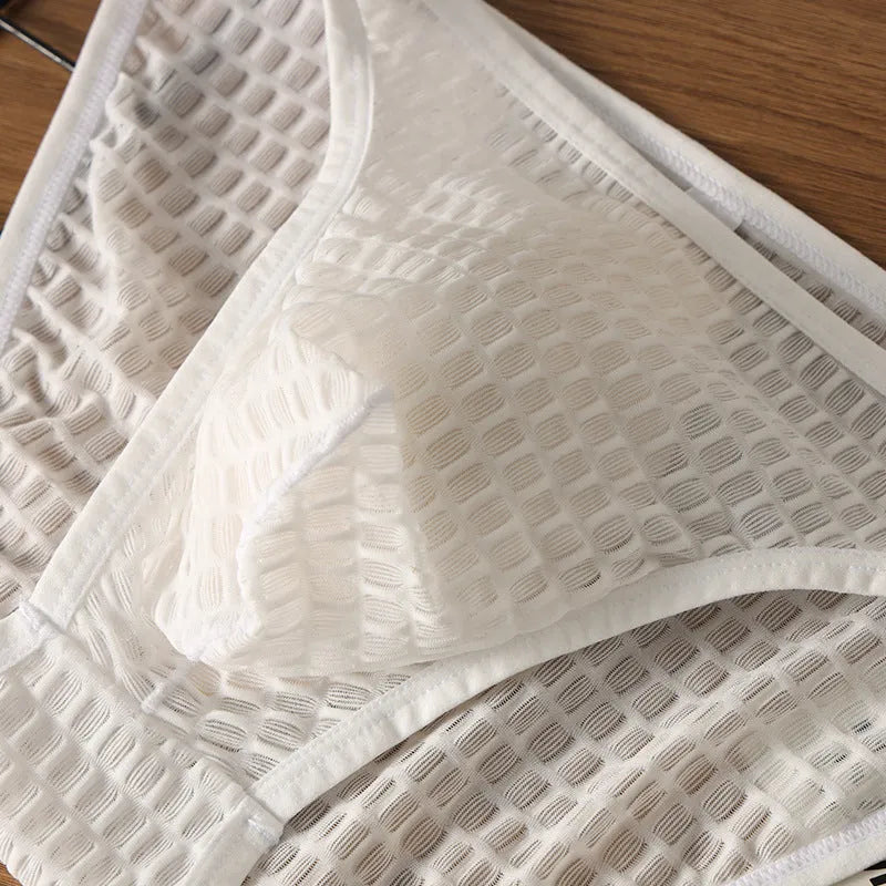 Men's low waist transparent lace underwear in solid colour on size chart
