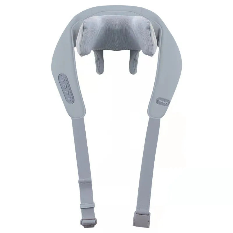 Grey elastic fabric USB rechargeable neck and back massage instrument with two gears.