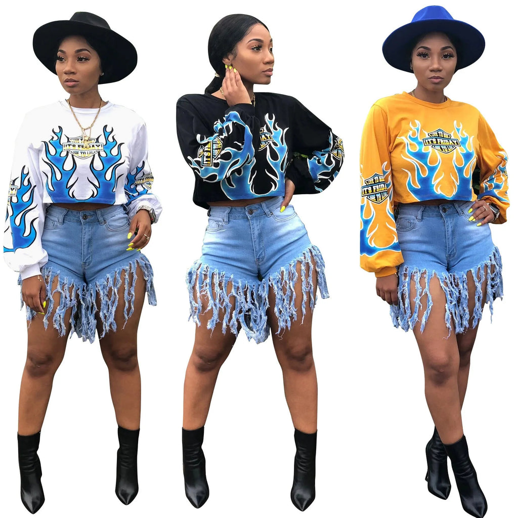 Women's white flame positioning printed long-sleeved polyester pullover sweater with loose fit