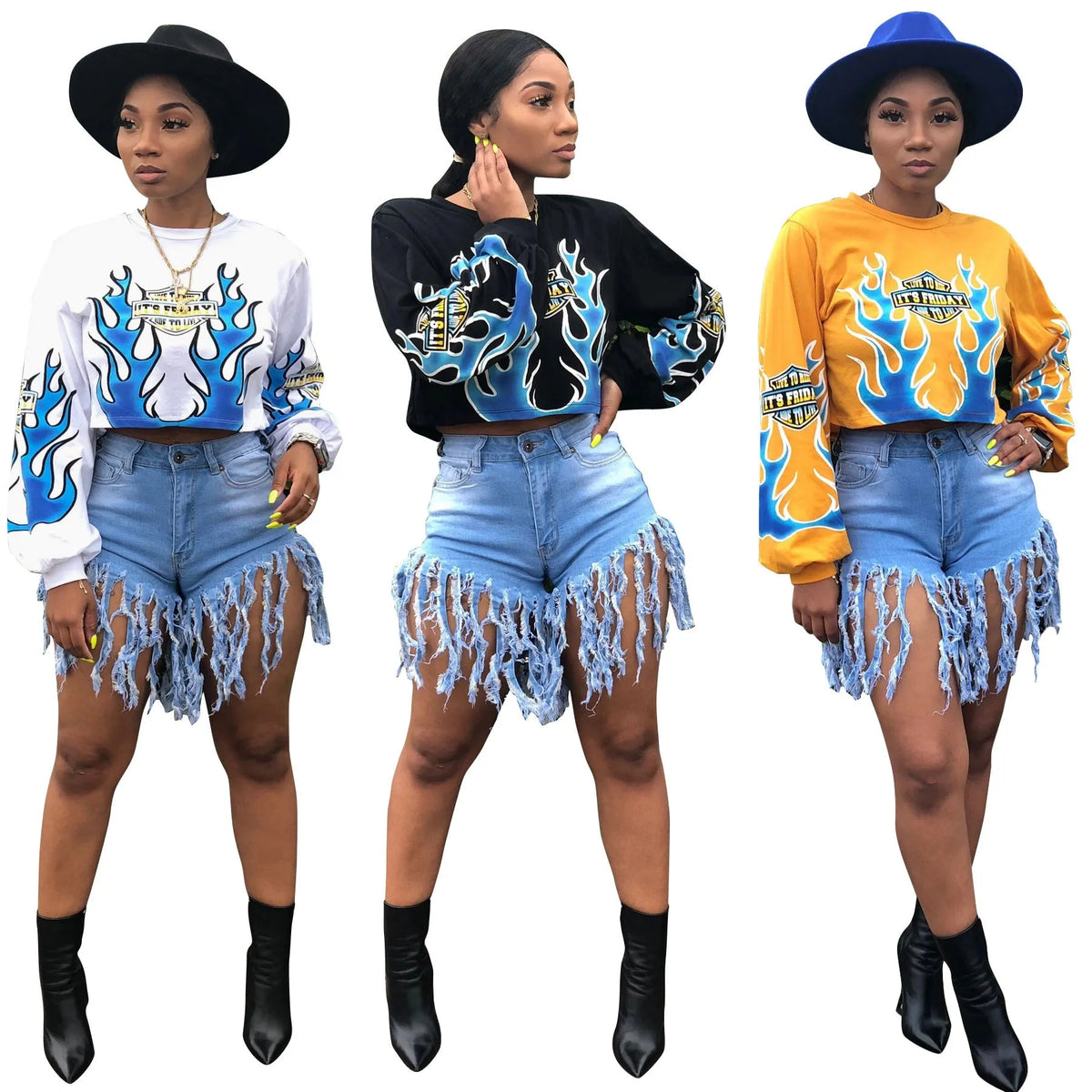 Women's white flame positioning printed long-sleeved polyester pullover sweater with loose fit
