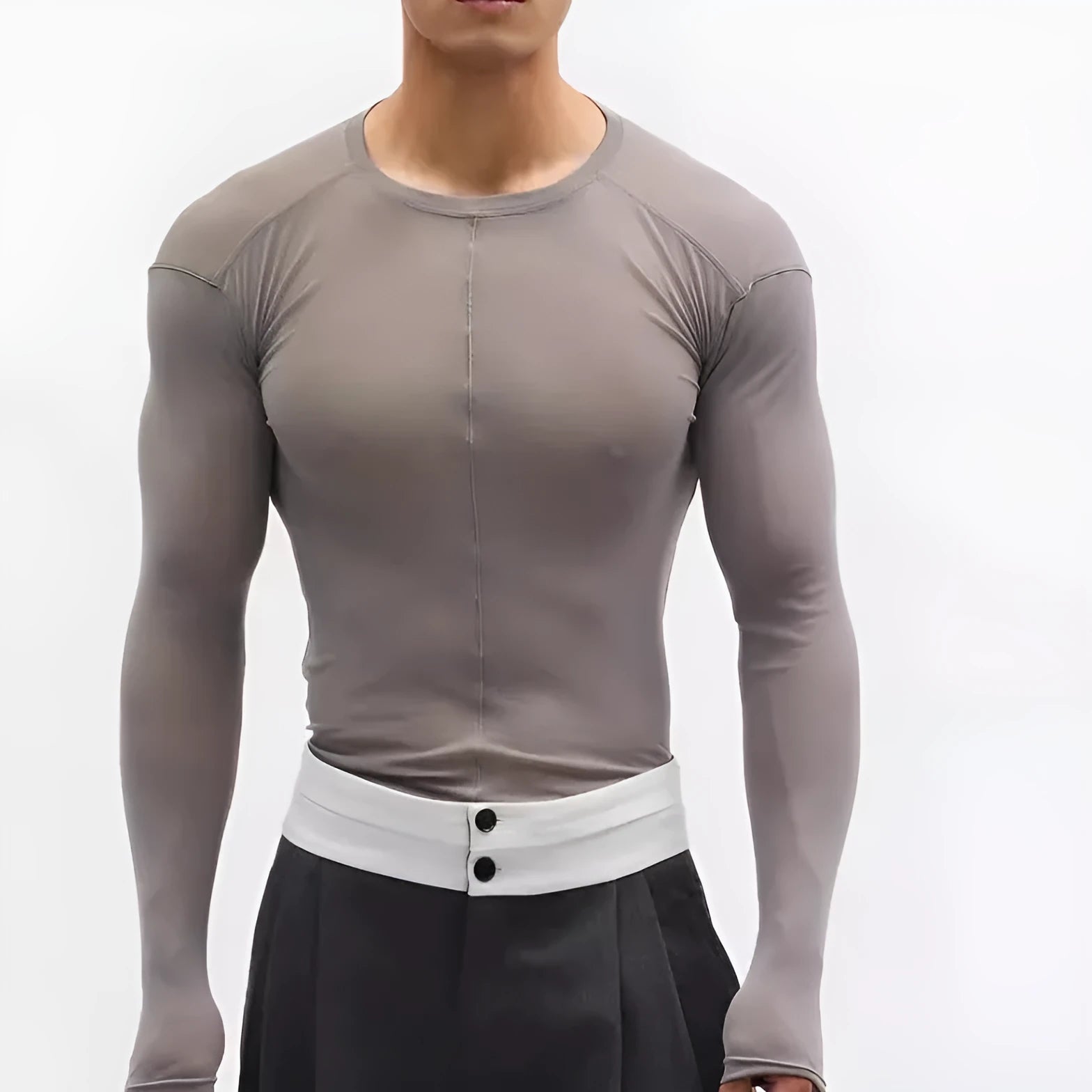 Black slim-fit mesh see-through long sleeve PU pullover on a hanger