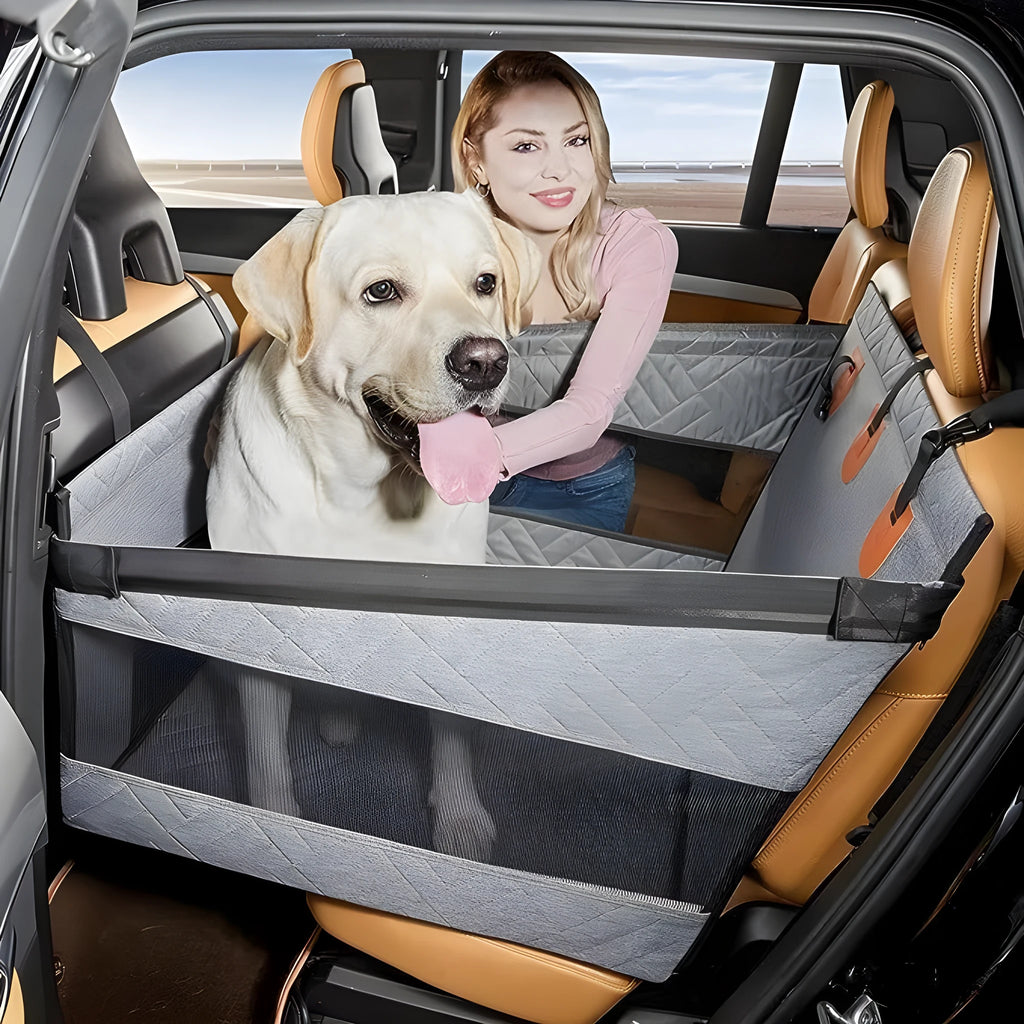 Grey water resistant cloth dog bed measuring 56x56x40 cm for car travel with pets