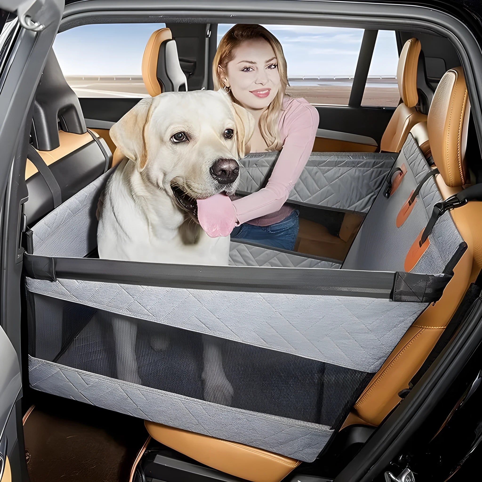 Grey water resistant cloth dog bed measuring 56x56x40 cm for car travel with pets