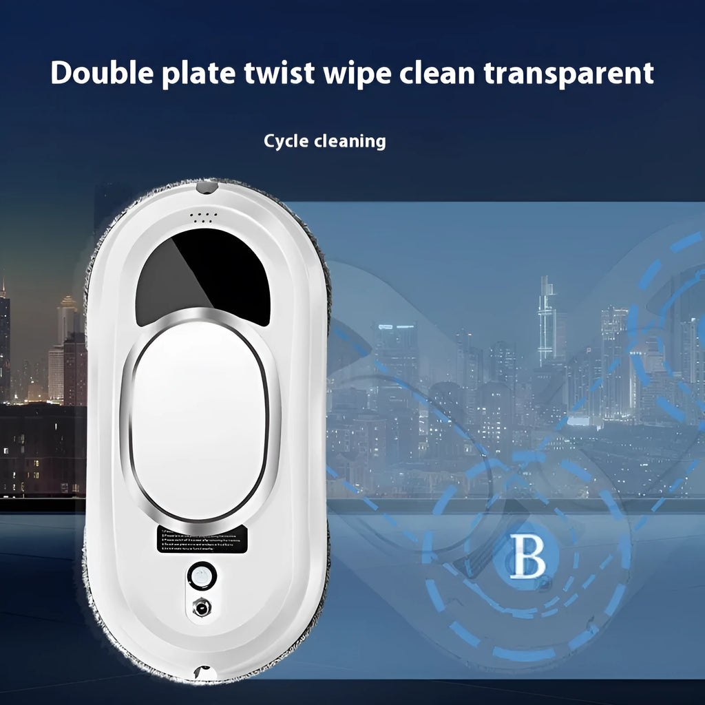 White automatic high altitude window cleaning machine with remote control and cleaning accessories on a surface.