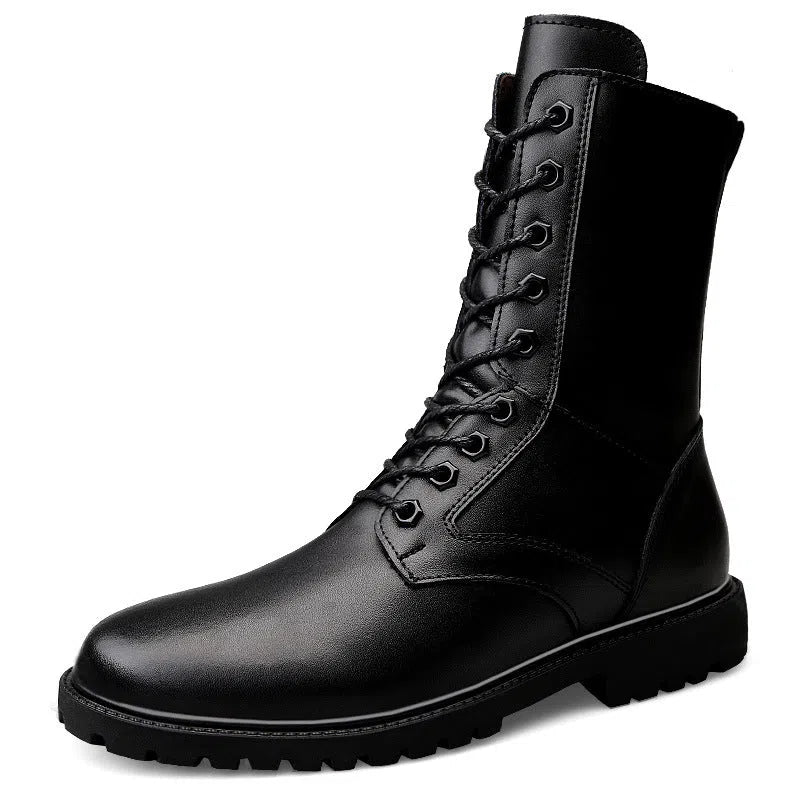 Men's black high top Martin boots with side zip, first layer cowhide upper, rubber sole, round toe, flat heel, sizes 35-52