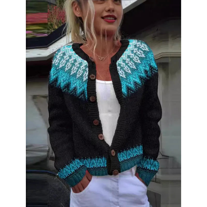 Yellow digital print cardigan coat with 3D pattern effect, shown as an open layer.