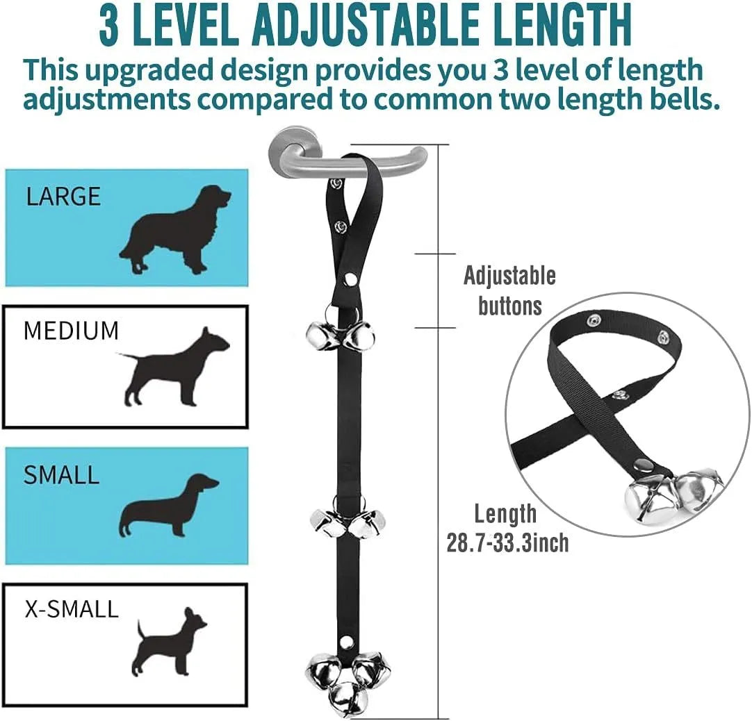 Adjustable dog training doorbell with silver metal bells on a black nylon leash, hung on a door.