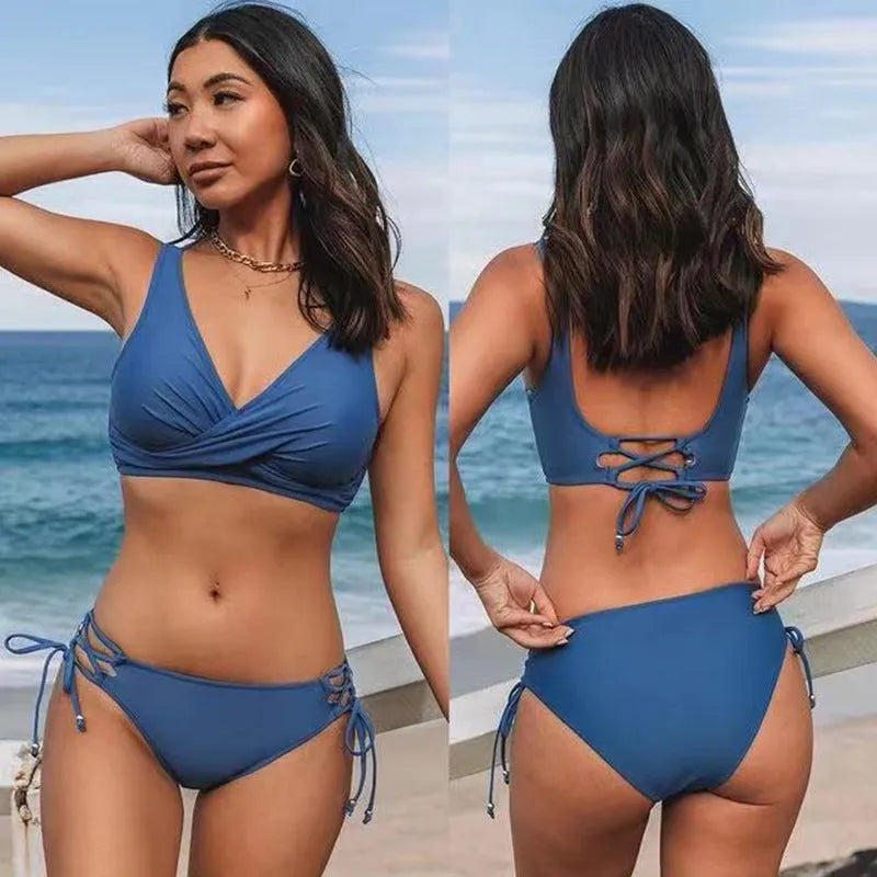 women's halter lace-up bikini set in nylon fabric multiple colour options sizes S to 2XL for swimming