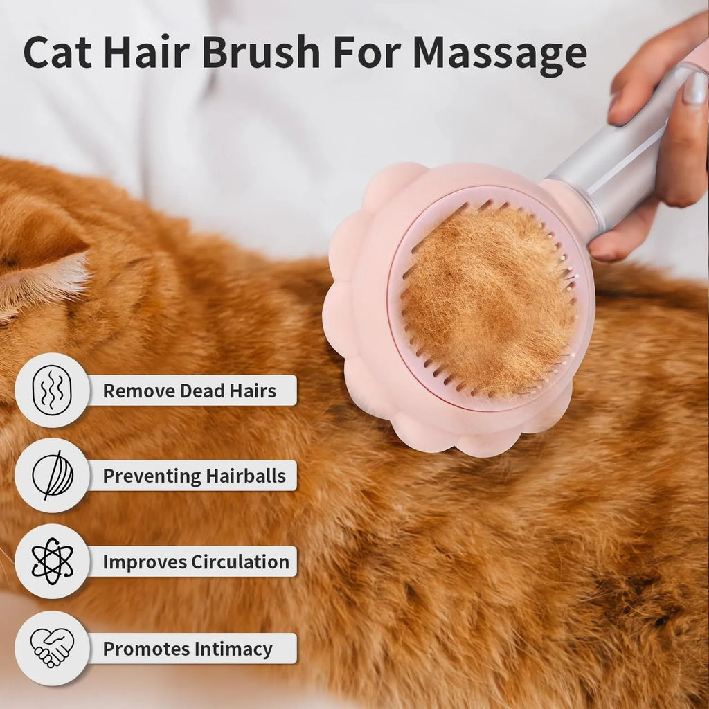 Grey spray cat brush with release button for pet grooming and shedding control