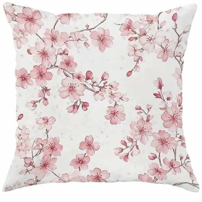 45cm square short velvet cushion cover with detailed cherry blossom and script letter floral print design.