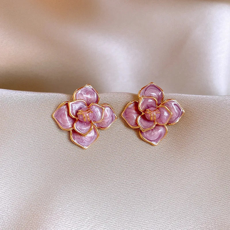 Golden-purple oil-spot glaze floral stud earrings with gold plating on copper base.