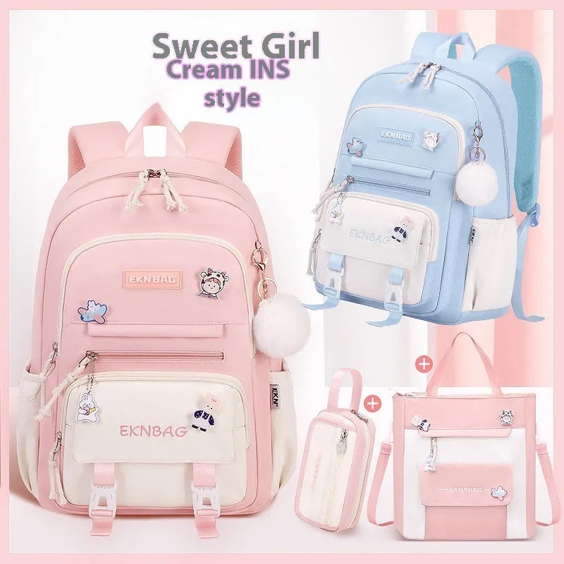 Waterproof pink Oxford cloth girls school backpack with curved straps on a white background.