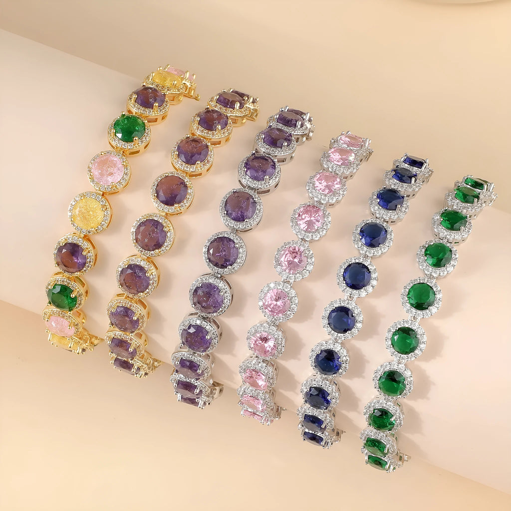 Gold-plated women's bracelet with inlaid zircon stones in a hollow round geometric shape