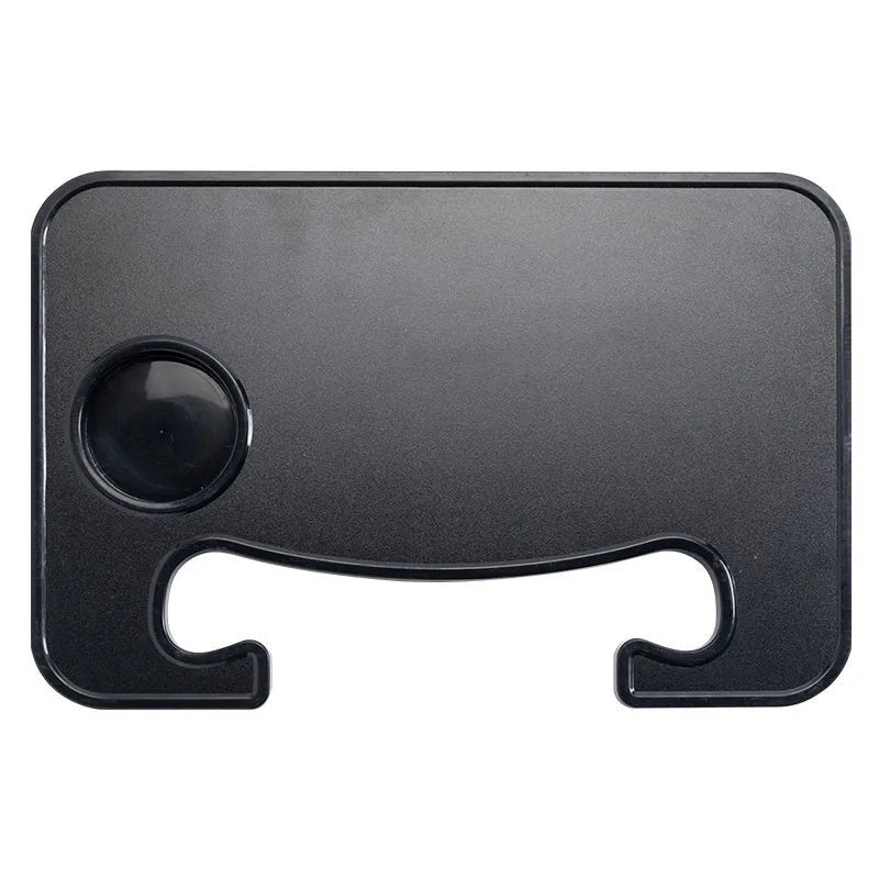Foldable black car laptop stand with integrated drink holder placed on steering wheel