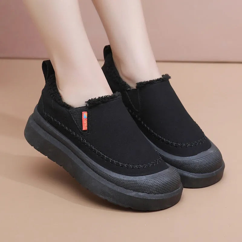 Fleece lined platform slip-on shoes in black, khaki, or brown with non-slip PVC sole, sizes 35-42