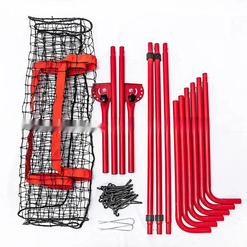 Red portable baseball training net with metal frame set up in outdoor practice area
