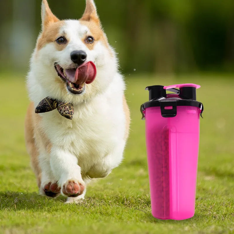 Portable pet water and food cup with 350ml water capacity and 250g food storage in multiple colours