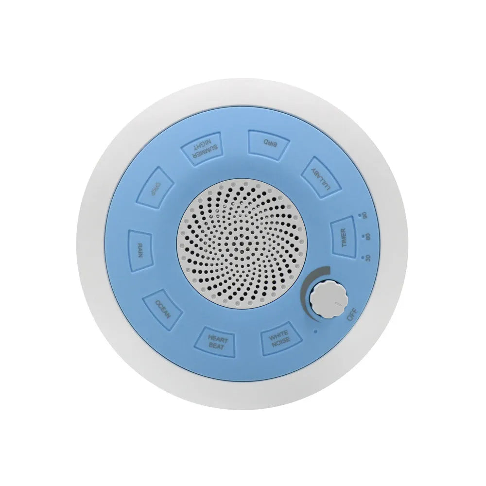 Rechargeable white noise sleep aid instrument in blue or green flying saucer design with music function