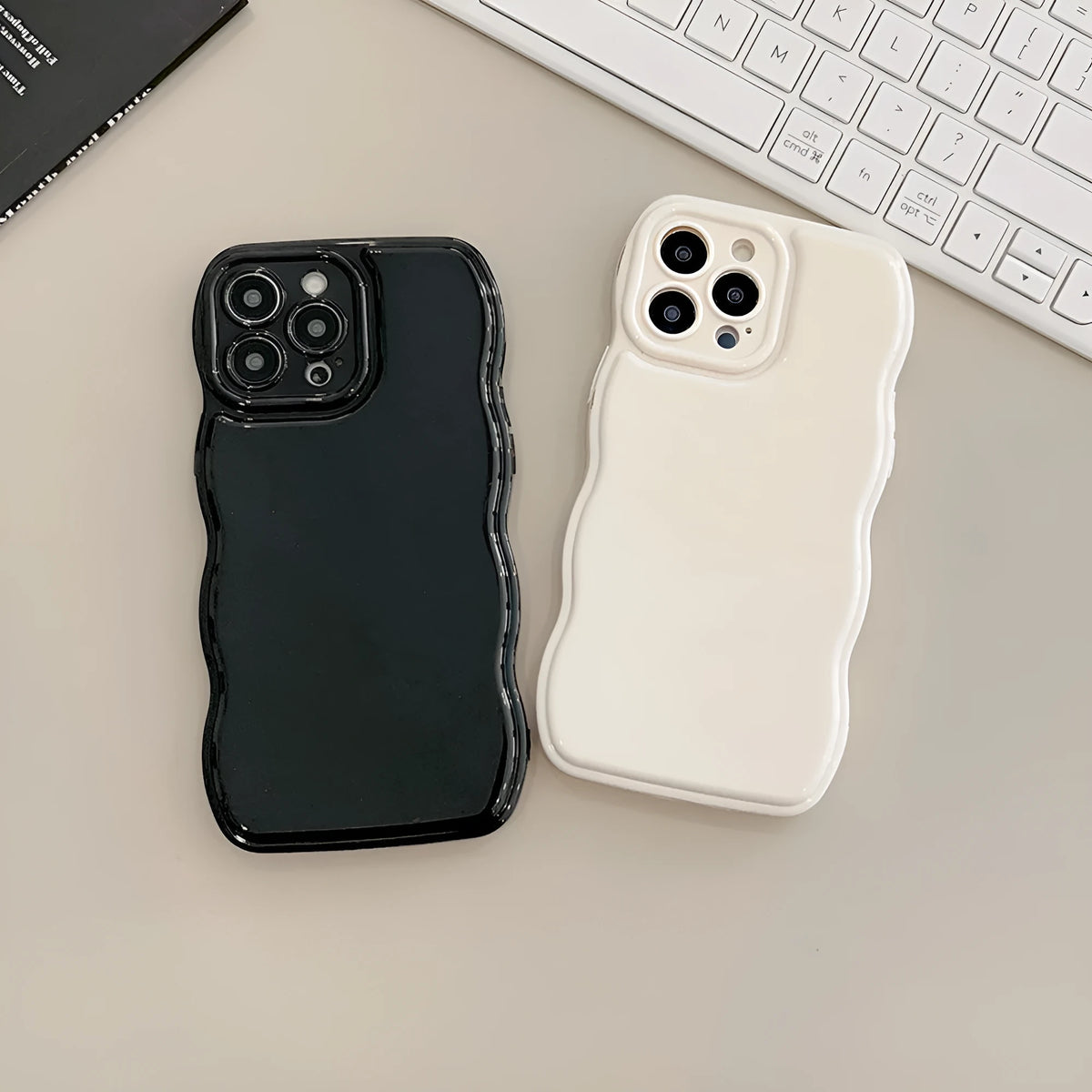 Solid colour TPU air cushion phone case with wave pattern for iPhone, in beige black or berry red