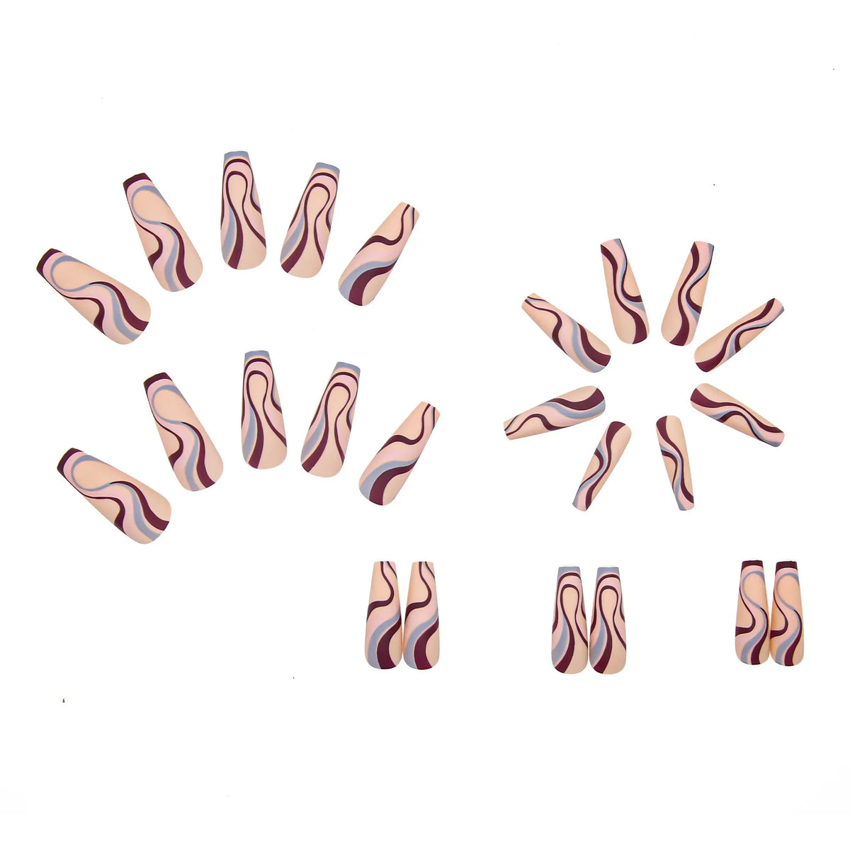 Ballet Wave Line design detachable nail stickers with jelly glue tubes, part of a 24 or 96 piece set.