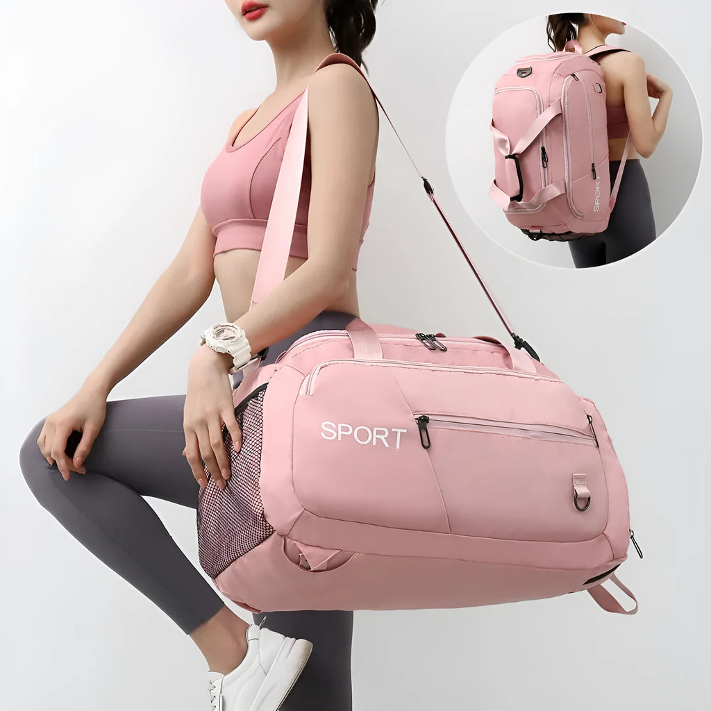 Oxford sports gym backpack with shoe compartment and multiple pockets, 55x30x22cm, available in five colours.