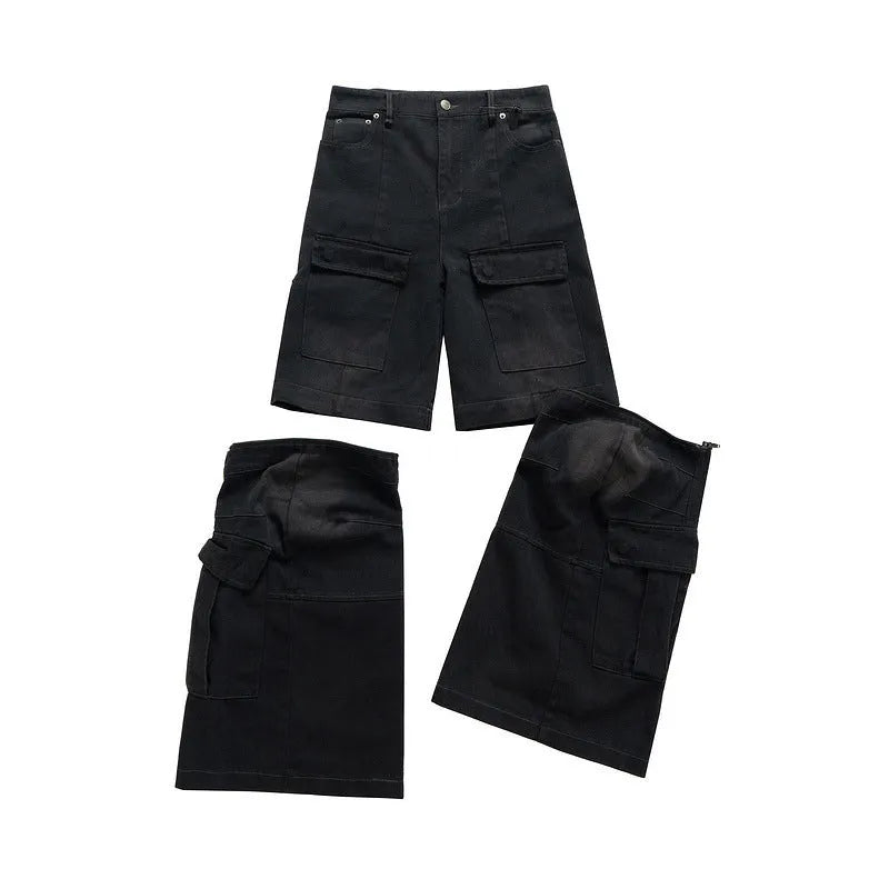 Detachable washed-out cotton overalls with multiple pockets in mid-waist style for teenagers