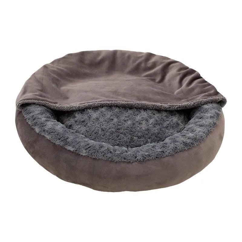 Round dark grey flannel cat bed cushion on floor with size options 50cm 60cm 70cm