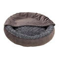Round dark grey flannel cat bed cushion on floor with size options 50cm 60cm 70cm