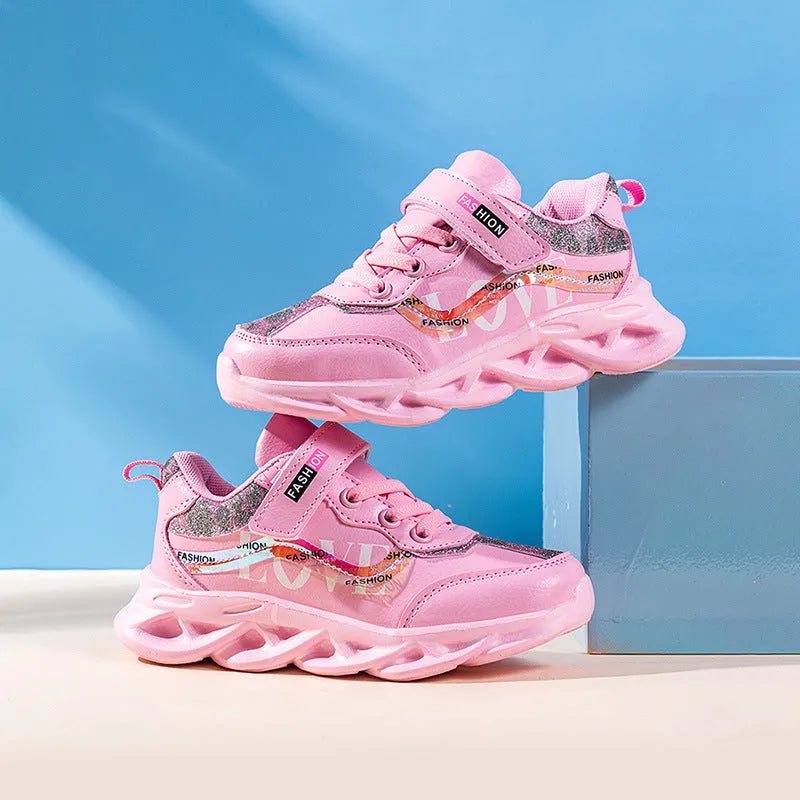 Korean style girls sports shoes in white with Space PU upper and plain design on light background