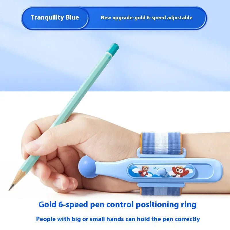 Blue anti-hook wrist brace corrector for handwriting posture and pencil grip training