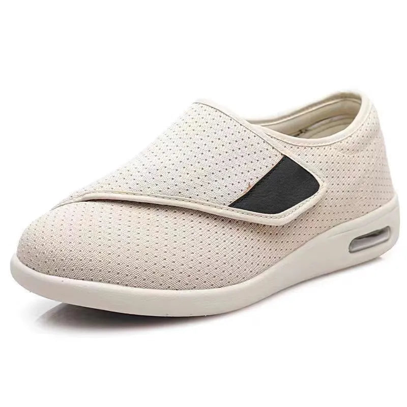 Beige leisure mother shoes for elderly with widening design and Velcro fastening on a rubber foam sole