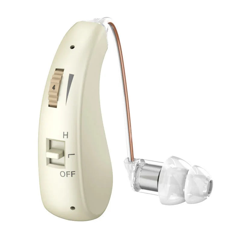 Black USB rechargeable behind-the-ear hearing aid with microphone, amplifier, speaker and volume control for elderly users