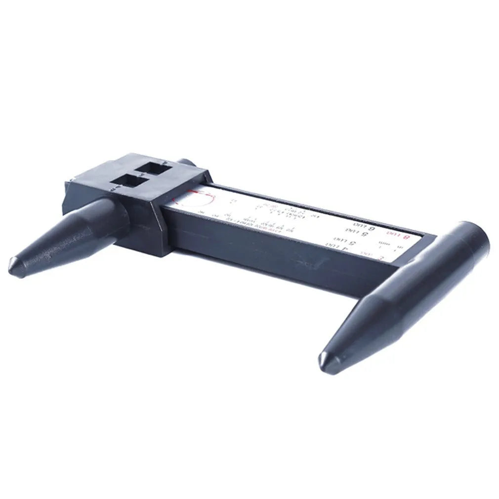 A plastic digital hole distance measuring tool with a display, shown measuring the space between two holes.