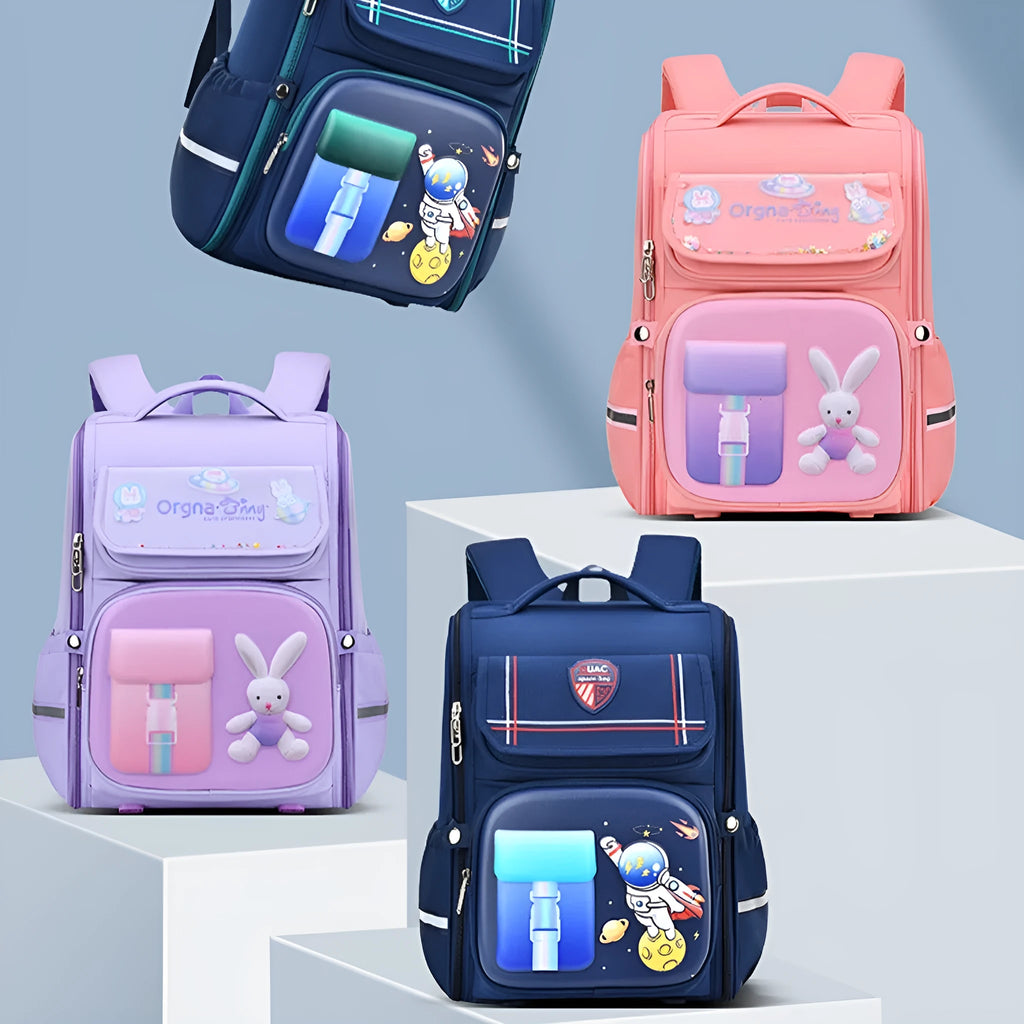 Large blue and red cartoon children's backpack with animal prints and airpillow straps.