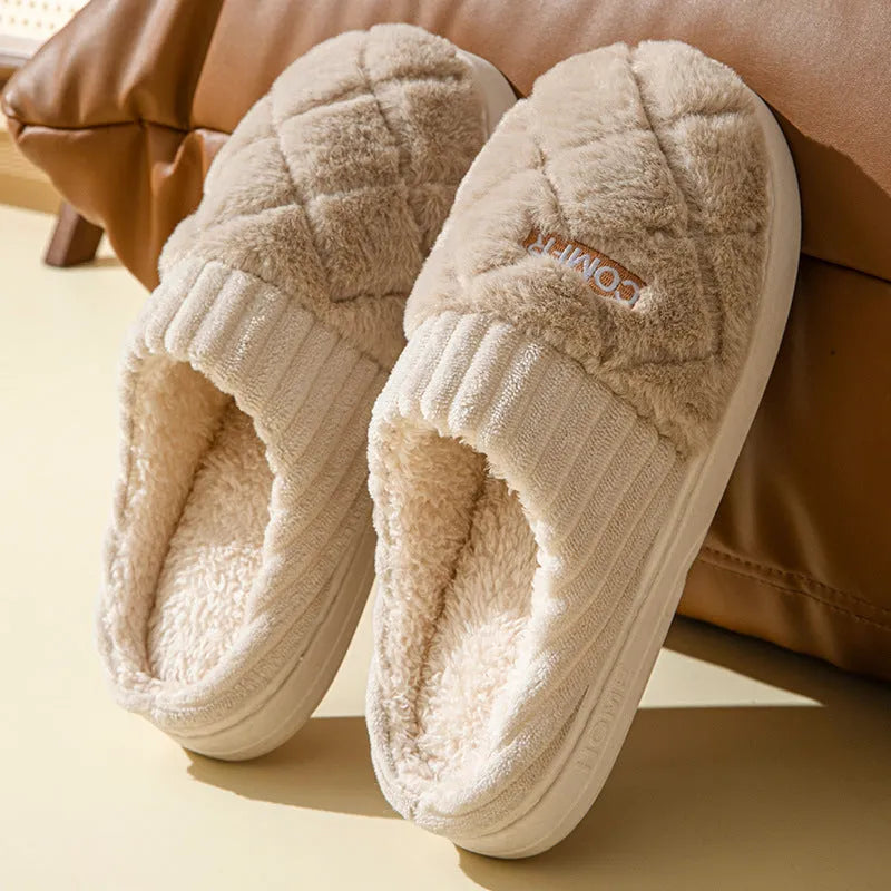 Solid rhombic letter plush home slippers with anti-slip EVA sole, five colours, sizes 36-45