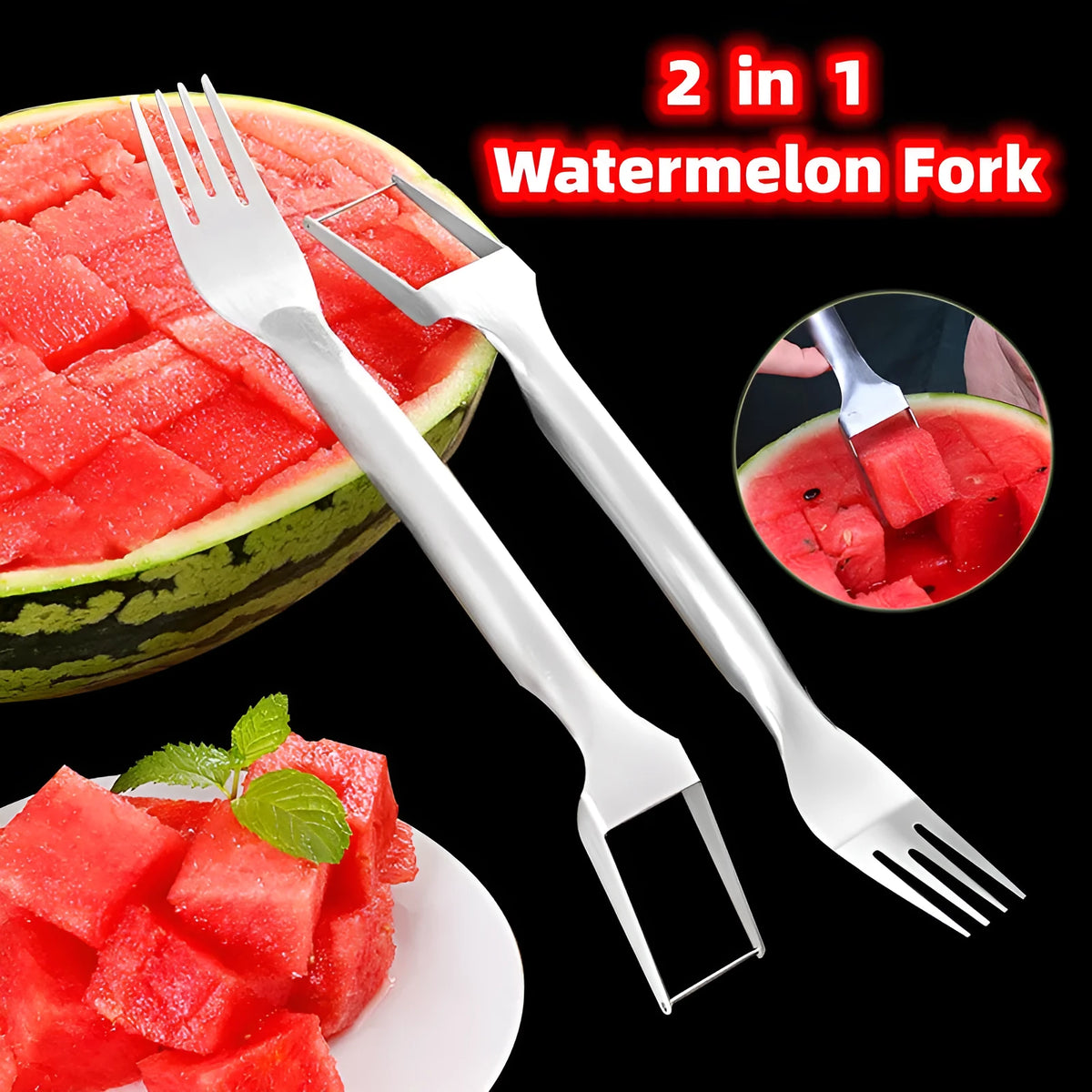 2-in-1 stainless steel watermelon slicer fork 26cm silver kitchen fruit cutting tool