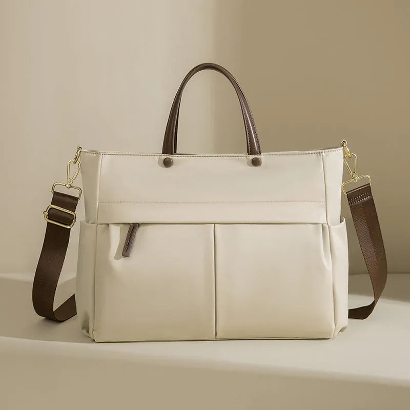 Women's Oxford cloth laptop briefcase with open outer pocket in Nuts and Apricots colour