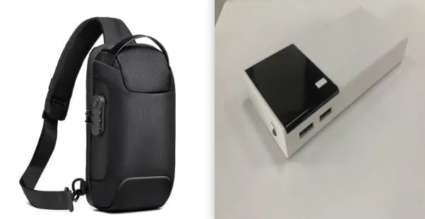 Black 20000mAh power bank measuring 135mm by 60mm with included charging cable