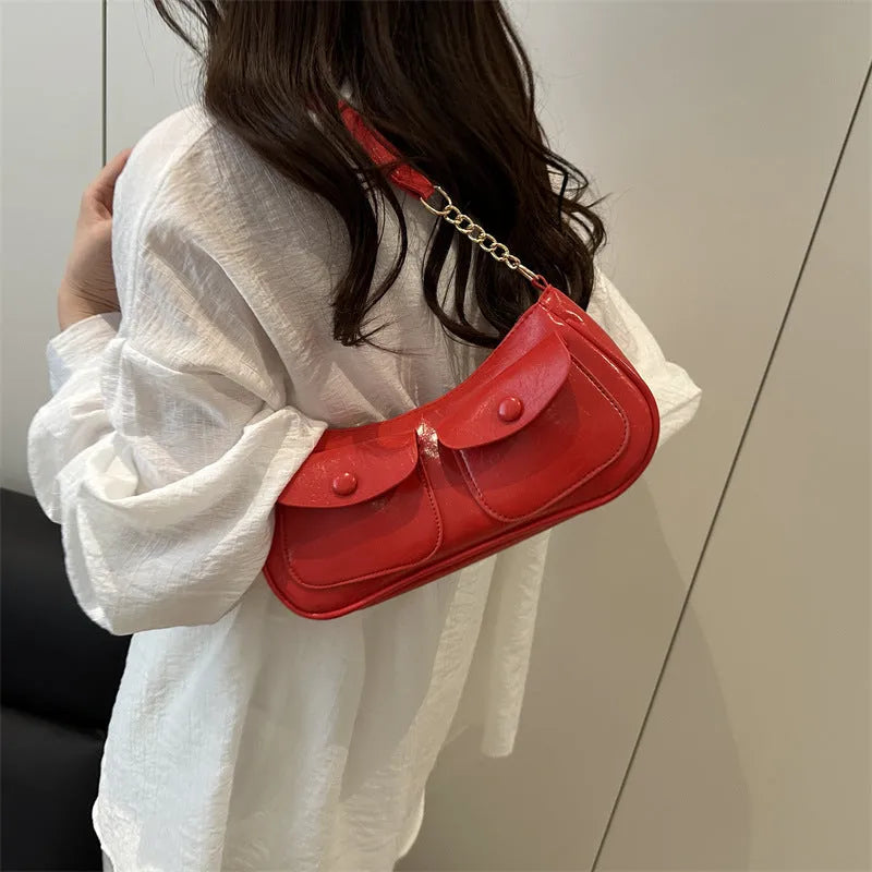 PU clamshell bag for women in horizontal square shape with single strap and splicing detail, available in black coffee red white colours