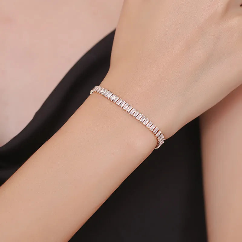 Rectangular geometric women's bracelet with full diamond zircon inlay in champagne gold colour