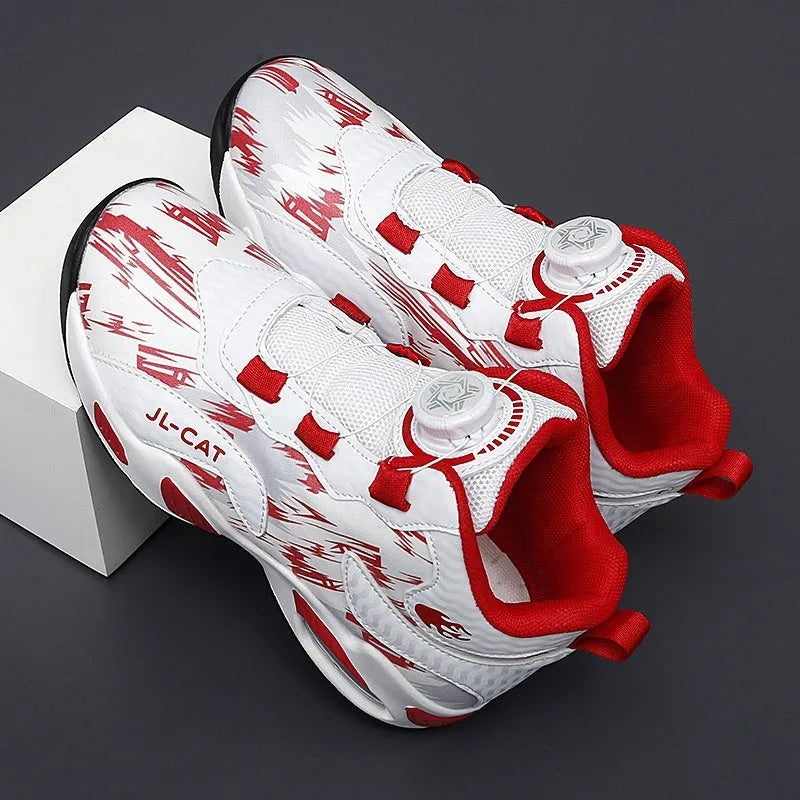 Children's rotating button running shoes in synthetic leather with waterproof design