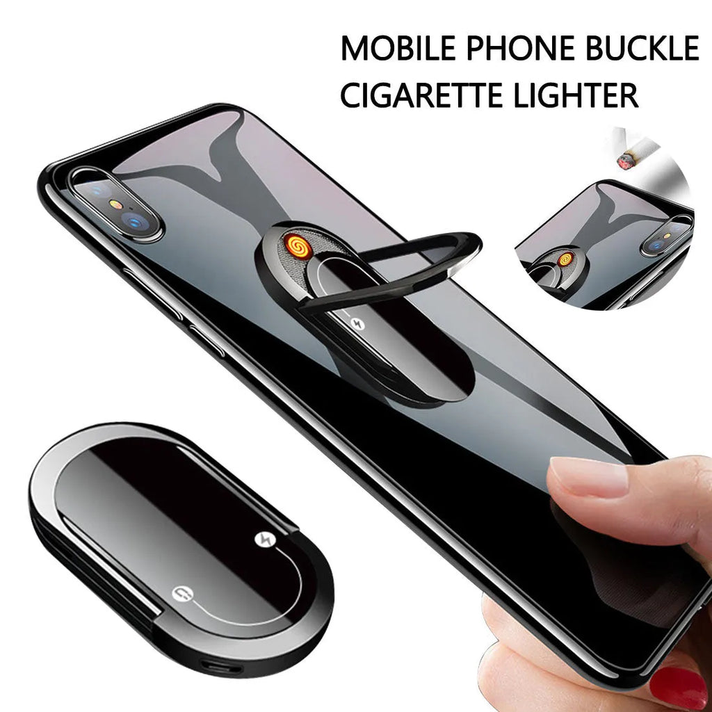 2 in 1 USB plasma lighter and phone holder in aluminium alloy, black ice, with ring buckle and 3M tape