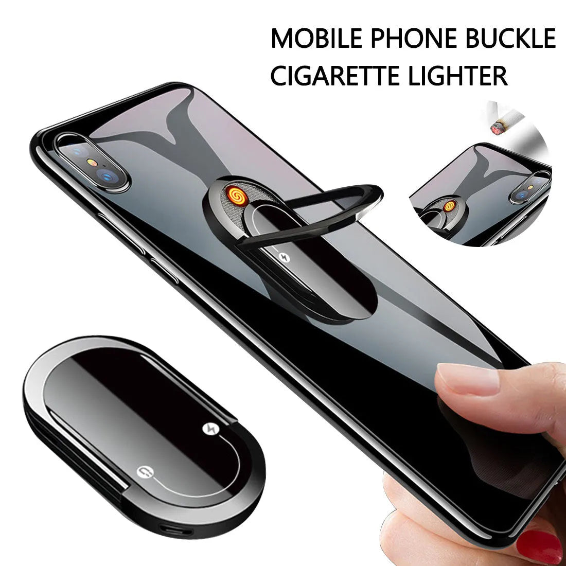 2 in 1 USB plasma lighter and phone holder in aluminium alloy, black ice, with ring buckle and 3M tape