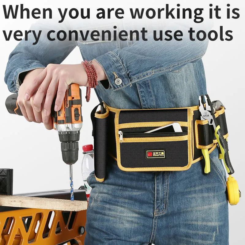 Yellow canvas electrician tool waist bag with belt attachment for portable tool storage and repair tasks