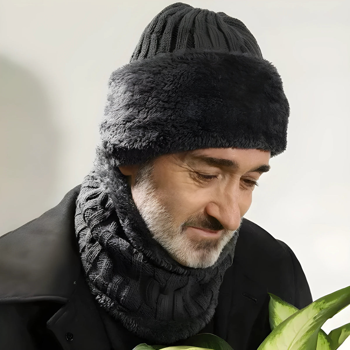 Men's winter windproof hemp knitted hat with thick knit and flexible fit on model