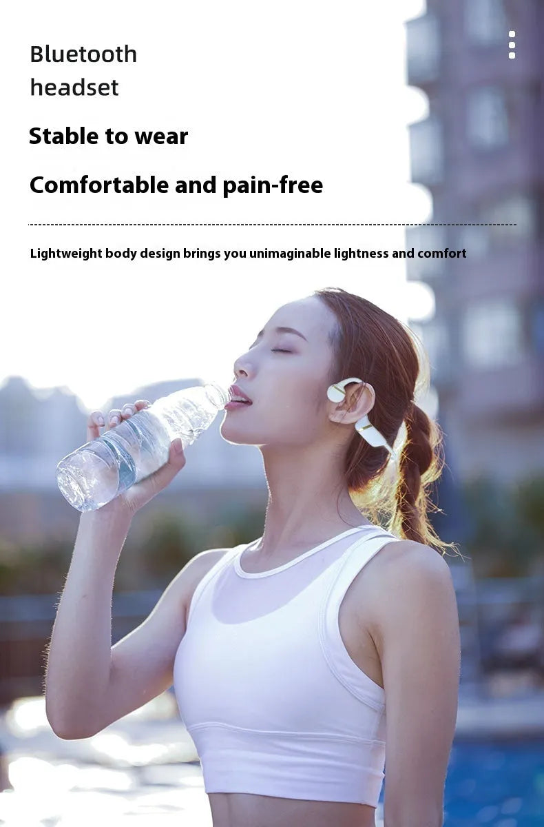 H12 open bone conduction wireless Bluetooth headset with ear hook, plastic build, white or black, shown for sports and calls